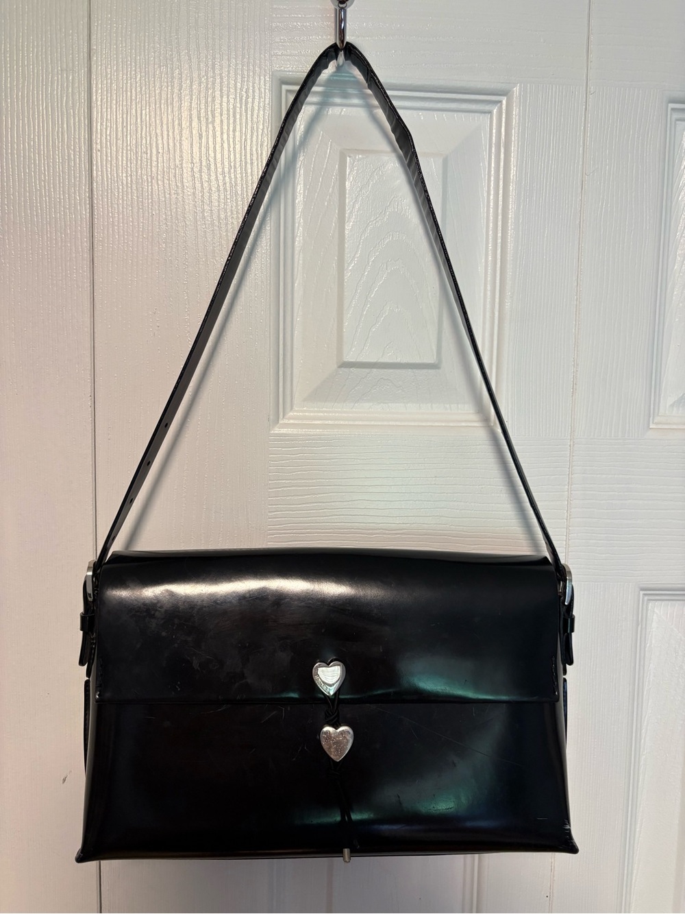 Vintage Moschino Black Patent Leather Silver Heart-Accent Shoulder Bag 11” x 7”